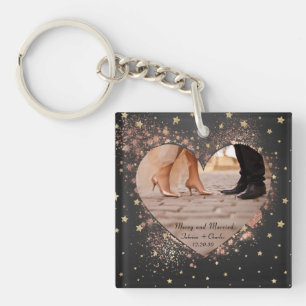 Married & Merry Rose Gold Twinkling Lights Photo Key Ring