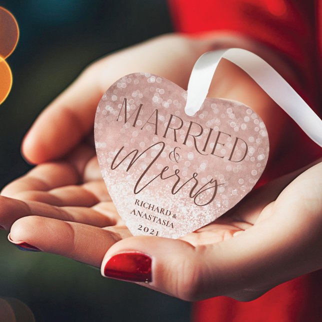 Married & Merry Rose Gold Twinkling Lights Photo Ornament (Married & Merry Rose Gold Twinkling Lights Photo Ornament)