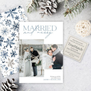 Married & Merry Rustic Blue Newlywed Photo Collage Holiday Card