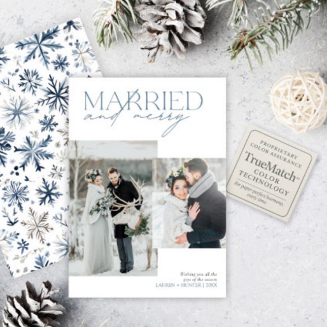 Married & Merry Rustic Blue Newlywed Photo Collage Holiday Card (Creator Uploaded)