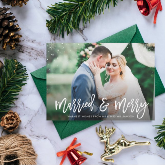 MARRIED & MERRY | rustic wedding announcement Postcard (Creator Uploaded)