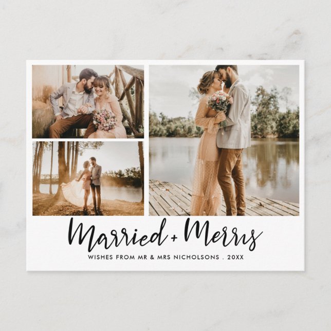 Married & Merry | Script Modern Newlywed Photo Postcard (Front)
