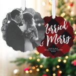 Married & Merry Script Red Plaid Photo Christmas<br><div class="desc">These festive paper ornament cards feature a large single photo on the front of the card. On the back is a cosy red and black plaid background, a large EDITABLE script greeting in white, and your text in a classic serif font. These ornaments make a fabulous holiday card that will...</div>