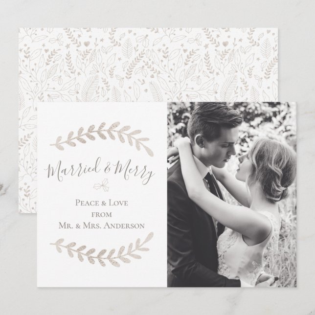 Married & Merry Simple Black White Gold Wedding (Front/Back)