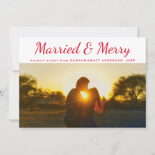 Married & Merry Typography Red Polka Dots Photo Holiday Card