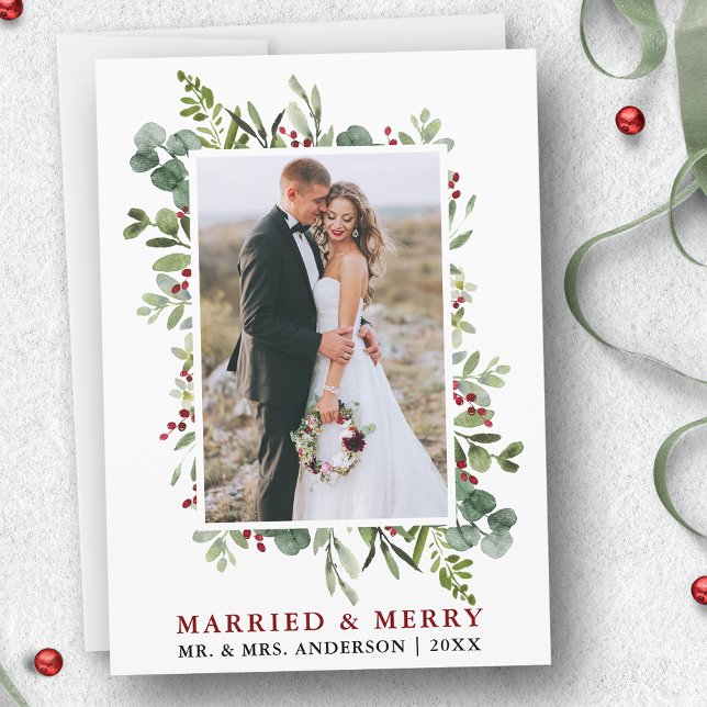 Married & Merry Watercolor Greenery Berries Holiday Card (Customize to add text to back of card.)