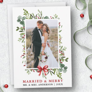 Married & Merry Watercolor Greenery Red Bow Holiday Card