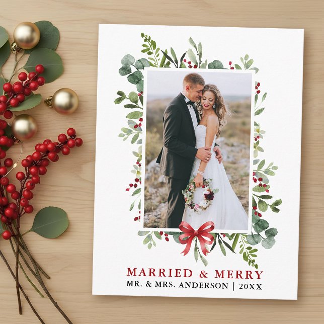 Married & Merry Watercolor Greenery Red Bow Postcard (Customize to change text size or text style.)