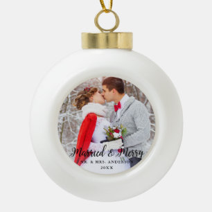 Married & Merry Wedding Photo Christmas B Ceramic Ball Christmas Ornament