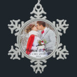 Married & Merry Wedding Photo Christmas B Snowflake Pewter Christmas Ornament<br><div class="desc">Married & Merry Wedding Photo Christmas Snowflake Ornament - Black Script</div>