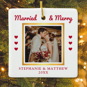 Married & Merry Wedding Photo Modern Gold Ceramic Ornament