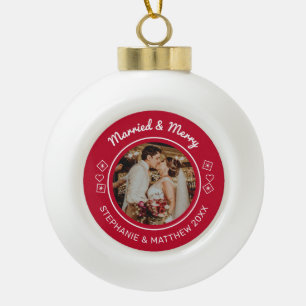 Married & Merry Wedding Photo Modern Red Ceramic Ball Christmas Ornament