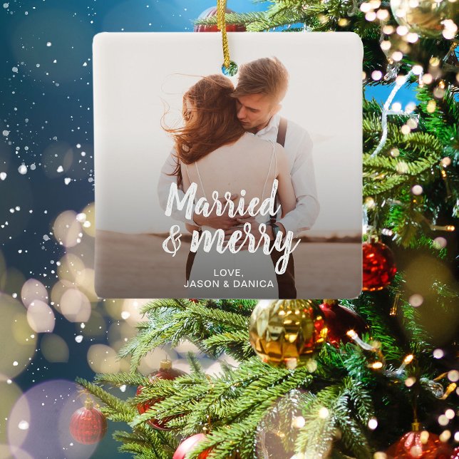 Married & Merry Wedding Thank you Christmas Photo Ceramic Ornament (Creator Uploaded)