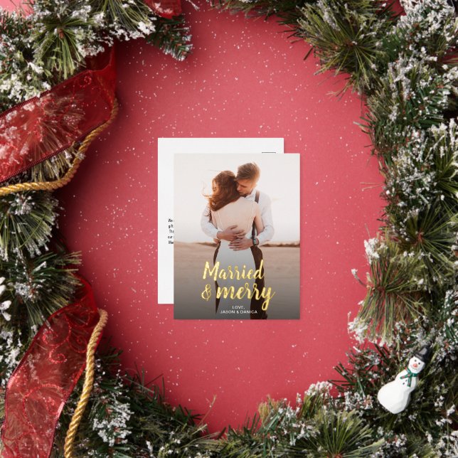 Married & Merry Wedding Thank you Christmas Photo Foil Holiday Postcard (Insitu)