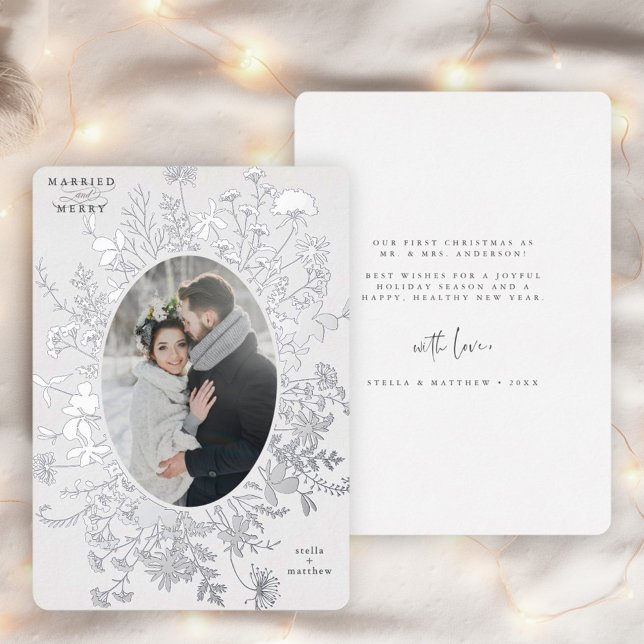 Married & Merry Wildflower Christmas Photo Silver  (Front & Back)