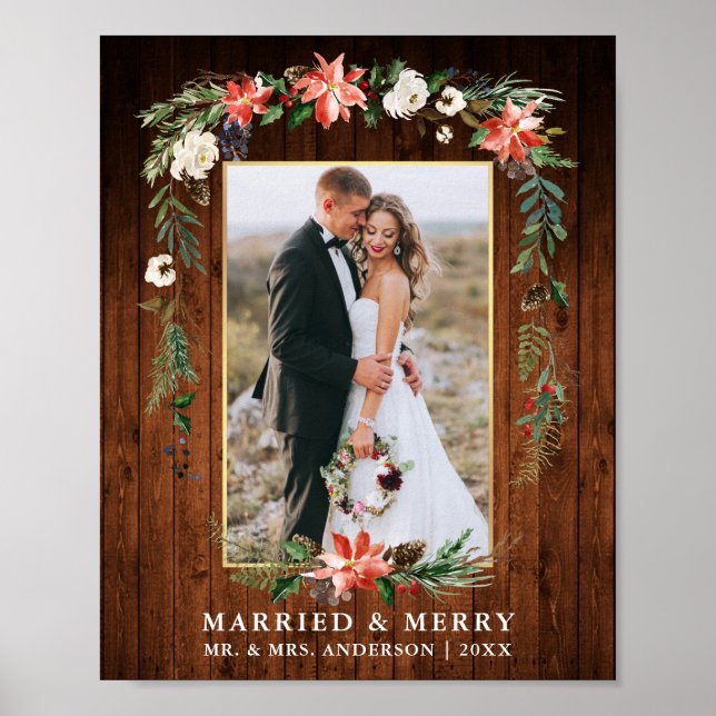 Married Merry Wood Gold Watercolor Winter Floral Poster (Front)