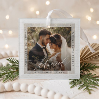 Married Minimal Elegant Script Wedding Photo Glass Tree Decoration
