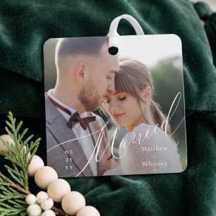 Married Minimal Elegant Script Wedding Photo Metal Tree Decoration