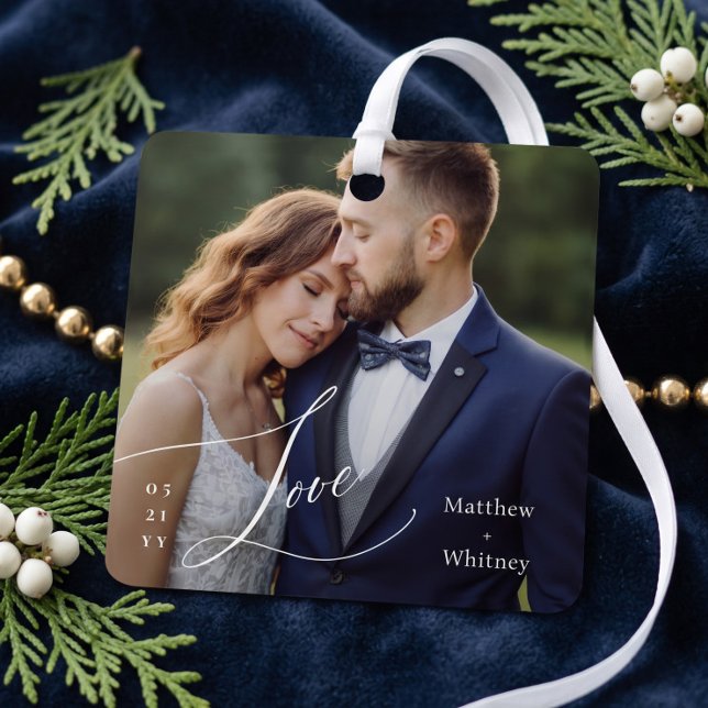 Married Minimal Love Script Wedding Photo Keepsake Metal Tree Decoration (Married Minimal Love Script Wedding Photo Keepsake Metal Ornament)