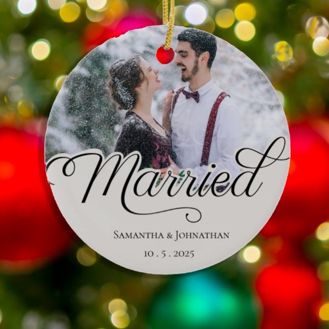 Married | Modern Christmas Couple Photo Ceramic Tree Decoration (Creator Uploaded)
