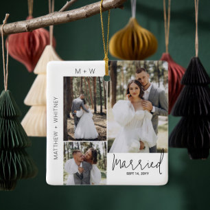 Married Modern Script Simple Wedding Photo Collage Ceramic Ornament