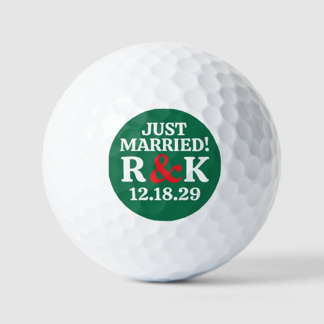 MARRIED Monogram & Red Ampersand, Green Background Golf Balls (Front)