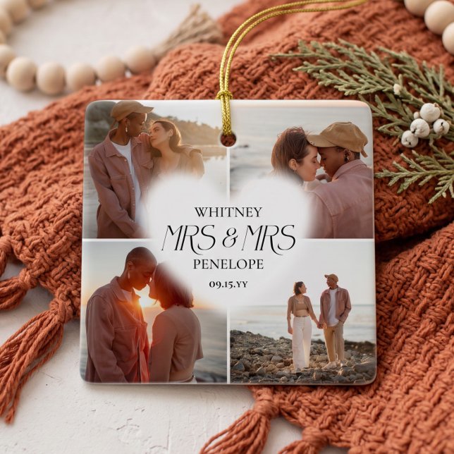 Married Mrs & Mrs Heart Photo Collage Keepsake Ceramic Ornament (First Married Mrs & Mrs Photo Collage Keepsake Ceramic Ornament)