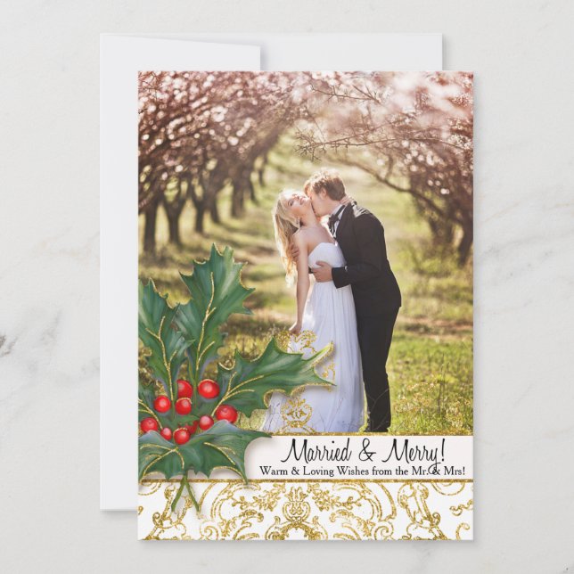 Married n Merry Christmas Gold Glitter Holly Photo Holiday Card (Front)