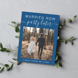 Married Now Party Later Photo Blue Wedding Announcement Postcard