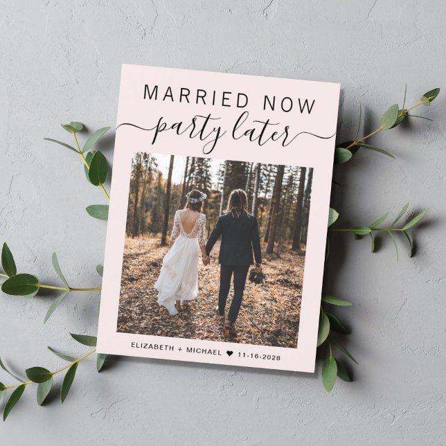 Married Now Party Later Photo Pink Wedding Announcement Postcard (Creator Uploaded)