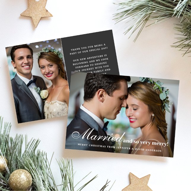 Married & So Merry Newlywed 2 Photo Christmas Grey Holiday Card (Creator Uploaded)