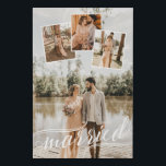 Married Swirly Script Wedding Photo Collage Faux Canvas Print<br><div class="desc">Romantic faux canvas to which you can add four of your wedding photos. One photo covers the entire canvas. Choose one with plenty of negative space at the upper half of the photo. Add three more photos of your choice to fit inside small white printed frames. Married is written in...</div>