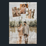 Married Swirly Script Wedding Photo Collage Faux Canvas Print<br><div class="desc">Romantic faux canvas to which you can add four of your wedding photos. One photo covers the entire canvas. Choose one with plenty of negative space at the upper half of the photo. Add three more photos of your choice to fit inside small white printed frames. Married is written in...</div>