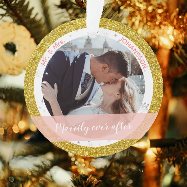 Marrily ever after 1st Xmas as Mr and Mrs 2 Photos Ornament (Our First Christmas as Mr. and Mrs. Elegant Marrily Ever After Personalized Name 2 Photos Snowflakes)