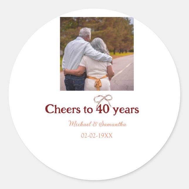 Marron bow cheers to 40 years anniversary wedding  classic round sticker (Front)