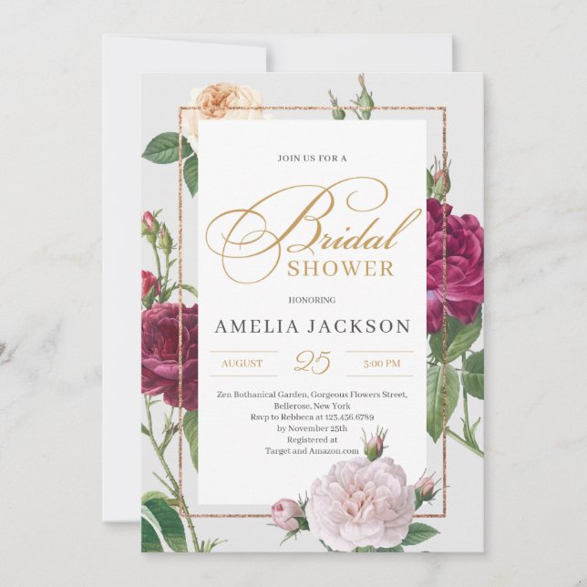 Marron floral blush pink roses bridal shower invitation (Front)