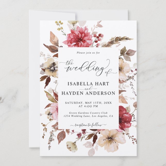 Marron Red Blush Pink All In 1 QR Code Wedding Invitation (Front)