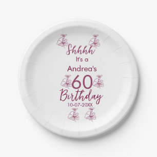 Marron white mauve shhhh 60th birthday floral name paper plate