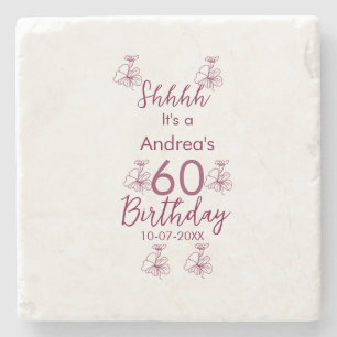 Marron white mauve shhhh 60th birthday floral name stone coaster