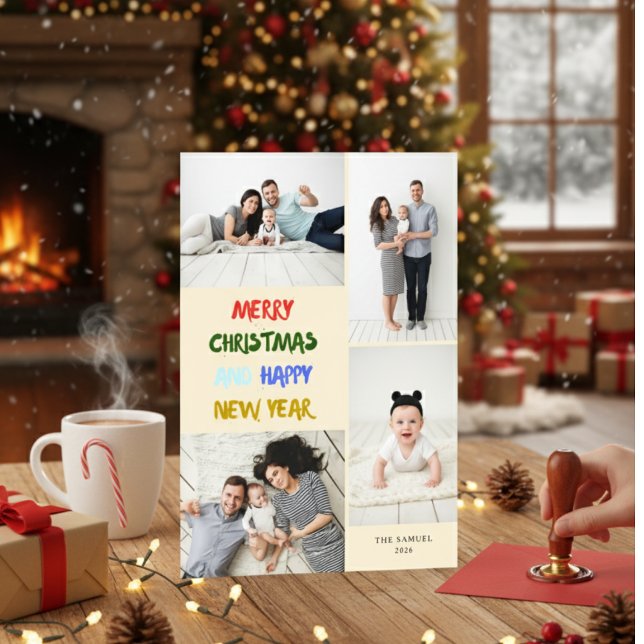 Marry Christmas & Happy New Year 4 Photo Yellow Holiday Card (Creator Uploaded)