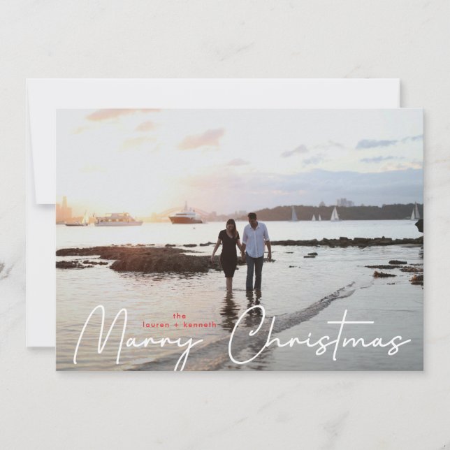 Marry Christmas White modern Hand Written Photo Holiday Card (Front)