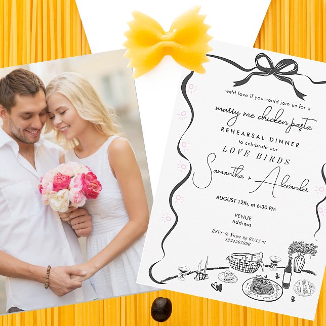 Marry Me Chicken Pasta Black Wedding Rehearsal Invitation (Marry Me Chicken Pasta Black Couple Engagement Italian Wedding Rehearsal Dinner Brunch Invitation )