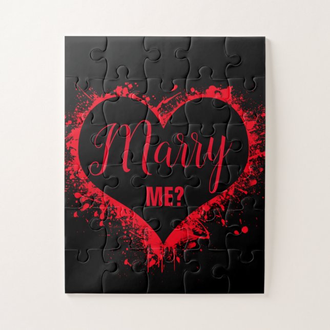 "MARRY ME?" Red Heart on Black Proposal Jigsaw Puzzle (Vertical)