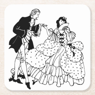 Marry Me Victorian Couple Silhouette Art  Square Paper Coaster