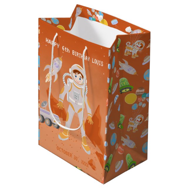 Mars astronaut boy themed birthday Party Medium Gift Bag (Front Angled)