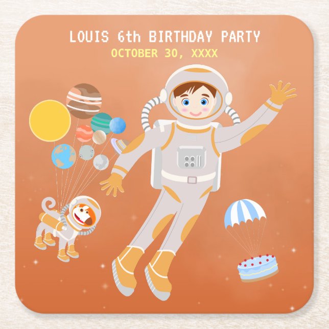 Mars astronaut boy themed birthday Party Square Paper Coaster (Front)