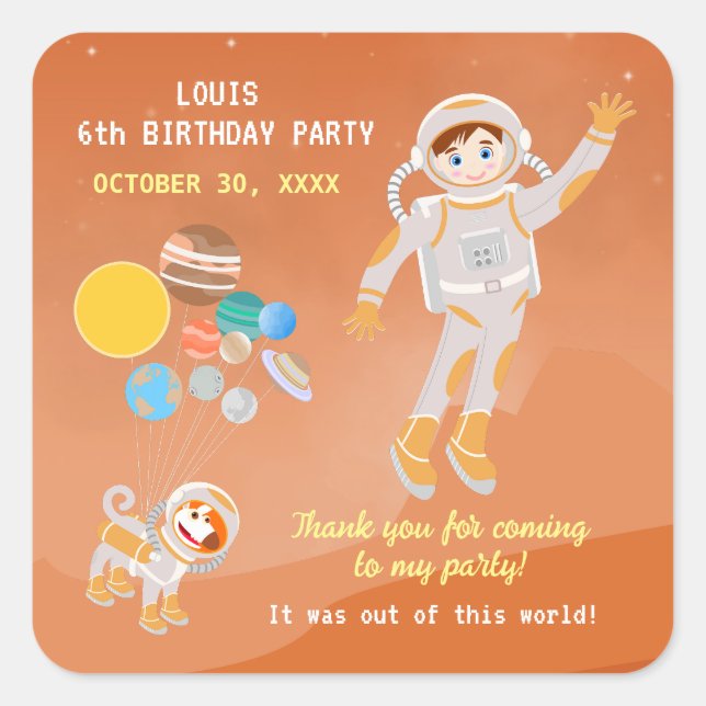 Mars astronaut boy themed birthday Party Square Sticker (Front)