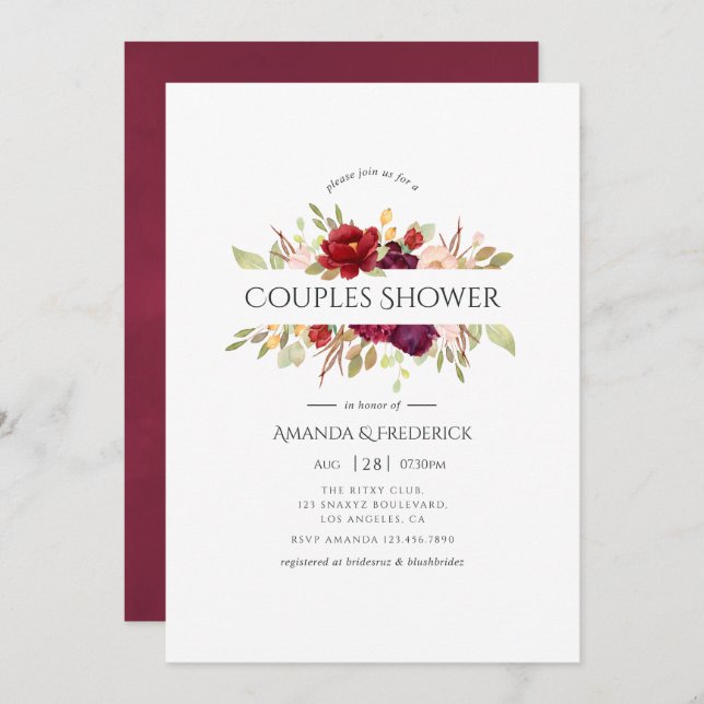 Marsala and Blush Floral Couples Shower Invitation (Front/Back)