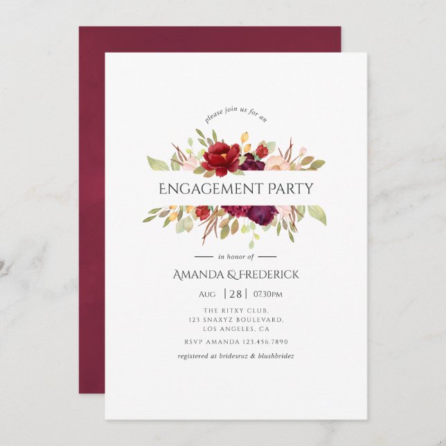 Marsala and Blush Floral Engagement Party Invitation (Front/Back)