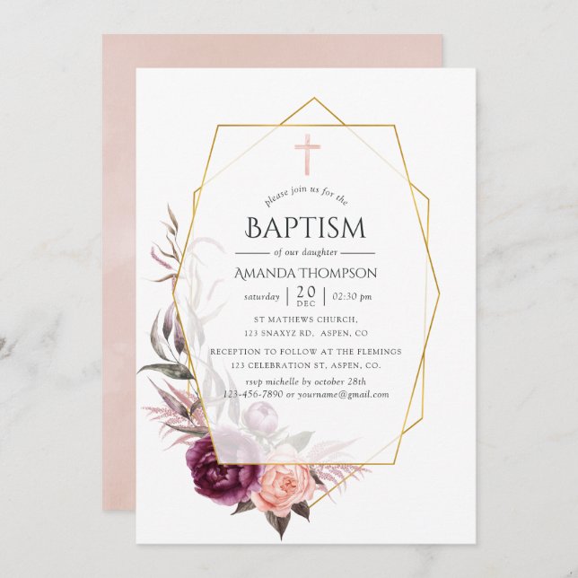Marsala and Blush Floral Geometric Baptism Invitation (Front/Back)